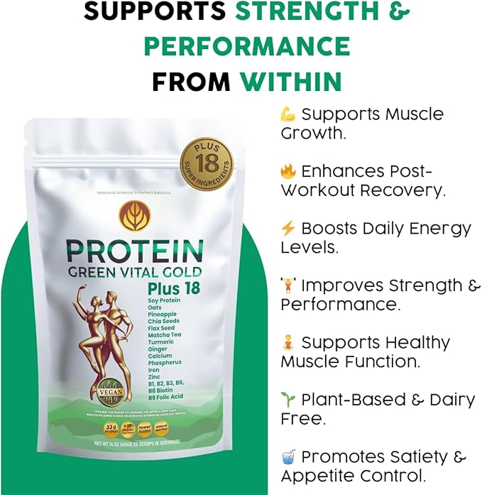 Vital Gold Vegan Protein Powder – 33g Plant Based Protein per Serving Whit 18 Super Ingredients Magnesium &amp B Vitamins Dairy Free High Protein Powder for Women &amp Men Shakes &amp Smoothie