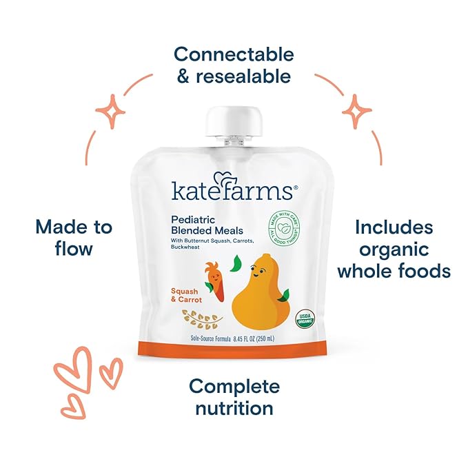 KATE FARMS Organic Pediatric Blended Meal Squash and Carrot 8g protein organic whole foods oral or tube feed nutrition Gluten Free Non-GMO 8.45 oz (12 Pack)