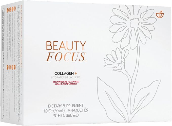 Nu Skin Beauty Focus Collagen+ | Marine Collagen Liquid Supplement with Lutein &amp Wheat Lipids | Supports Skin Hydration Elasticity &amp Smooth Appearance | 30 Pouches | Strawberry