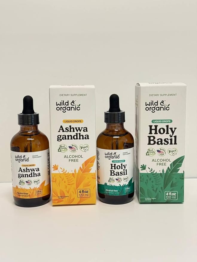 Wild &amp Organic Ashwagandha Tincture 4 fl oz &amp Holy Basil Tincture 4 fl oz
