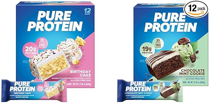 Pure Protein Birthday Cake &amp Chocolate Mint Cookie Protein Bars 20g &amp 19g Protein Gluten Free 12 Count