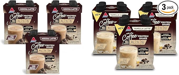 Atkins Mocha Latte Iced Coffee Protein Shake &amp Iced Coffee Vanilla Latte Protein Shake 15g Protein Low Glycemic 4g Net Carb 1g Sugar Keto Friendly 3 PACK