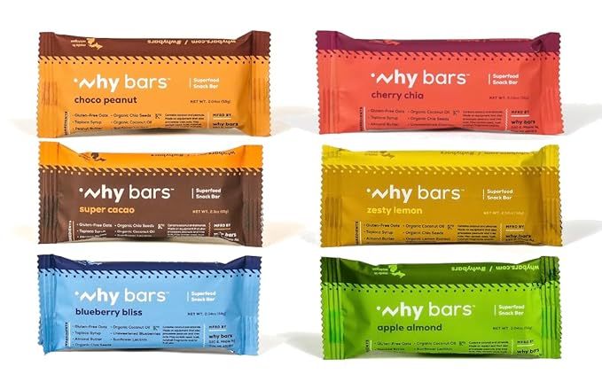 Why Bars Superfood Protein Bars Variety Pack 2.04 Ounce Bars (Pack of 12 Protein Bars) - Protein Bar Superfood Gluten Free Non GMO Organic Vegan Simple Ingredients