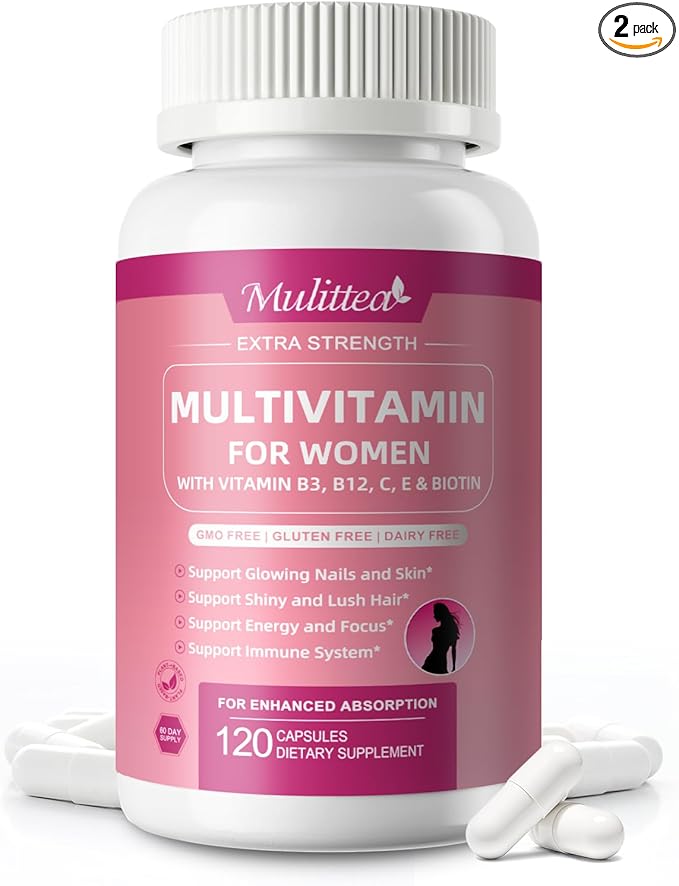 Mulittea Multivitamin for Women - 18+ Daily Women Multivitamin w/Biotin 10000mcg Vitamin A C D E &amp More for Hair Skin and Nails - Methylated B9B12 for Energy &amp Focus -120 CT 2 Pack