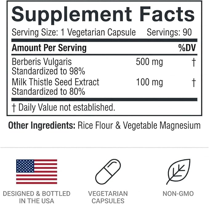 Berberine with Milk Thistle 500mg Formula HCL Complex Supplement with Silymarin for Better Absorption 90 Vegetarian Capsules 1 Bottle Overall Health Support