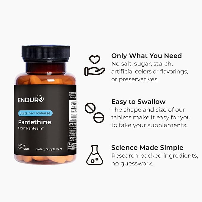 Endur Pantethine from Pantesin Liver Function &amp Healthy Cholesterol Balance Supplement Sustained Release Formula Gluten Free 300mg (90 Tablets)