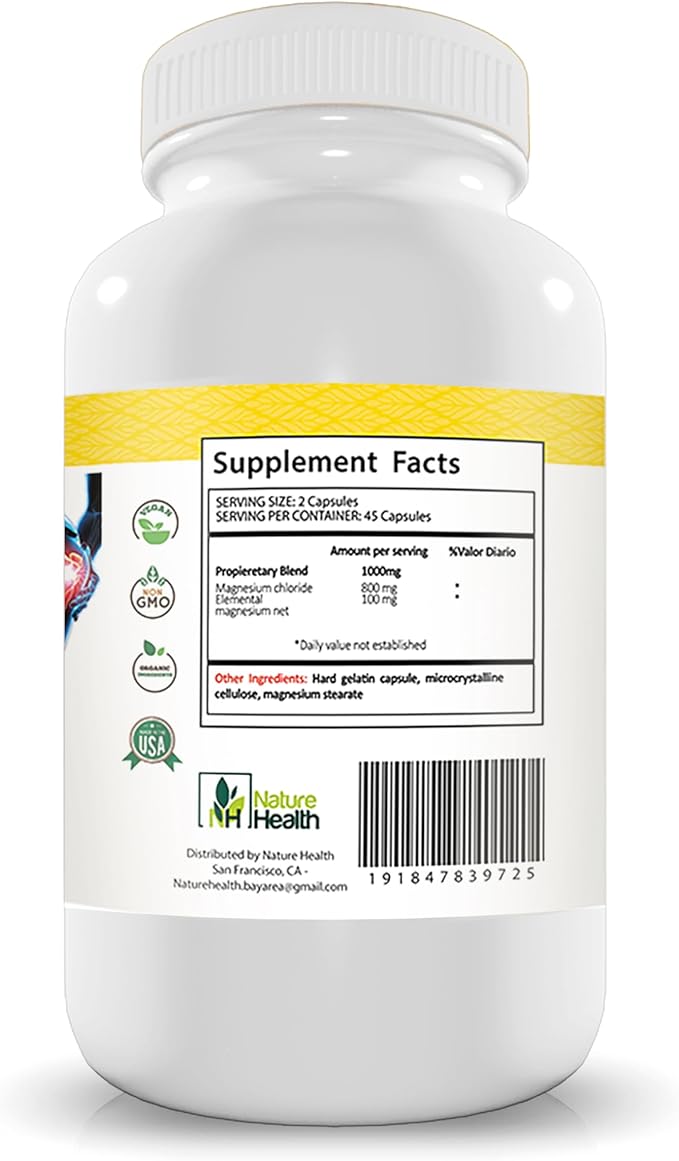 Magnesium Chloride – Muscle Relaxation &amp Bone Support – High Absorption Formula – 60 Capsules – Cloruro de Magnesio – Vegetarian Non-GMO Gluten-Free (1)