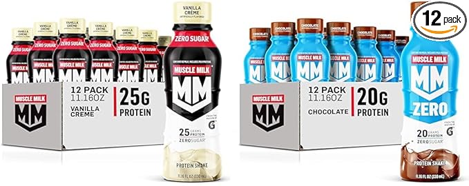 Muscle Milk Genuine Protein Shake Vanilla Creme 11.16 Fl Oz Bottle &amp Zero Protein Shake Chocolate20g Protein Zero Sugar