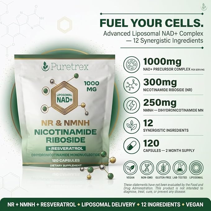 Liposomal NAD+ NR &amp NMNH Supplement | 1000mg Nicotinamide Riboside + Resveratrol | Advanced Cellular Energy &amp Brain Support | 120 Vegan Capsules