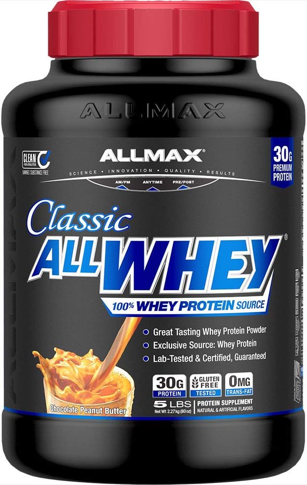 ALLMAX Classic ALLWHEY Chocolate Peanut Butter - 5 lb - 30 Grams of Protein Per Scoop - Gluten Free - Approx. 49 Servings
