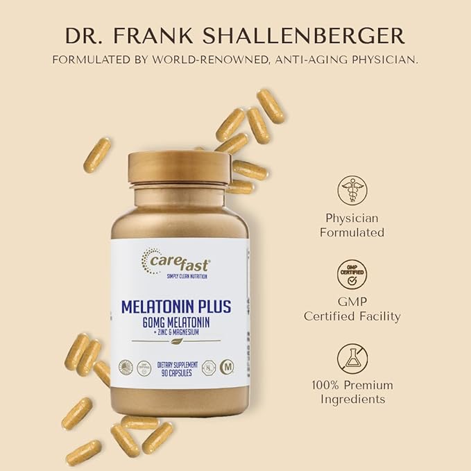 60mg Melatonin Plus Extra Strength High Dose Sleep Supplement 90 Capsules - Veggie Capsules - Fast Acting Formulated by Dr Shallenberger with Zinc &amp Magnesium for Maximum Quick Absorption