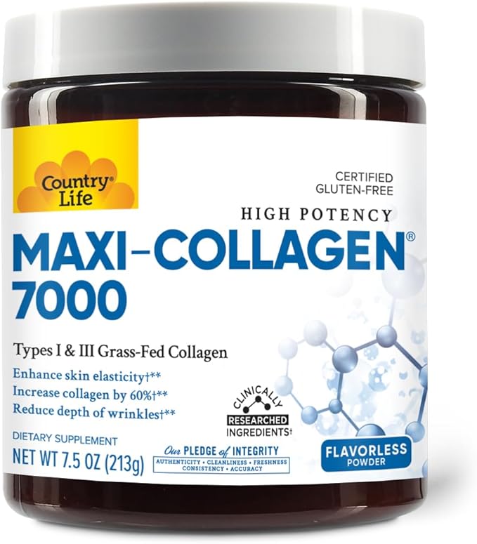 Country Life Maxi-Collagen 7000 Powder - Verisol Bioactive Collagen Peptides Vitamin C A &amp Biotin 4500 mg Types I &amp III Grass-Fed Collagen - Supports Skin Hair Nails &amp Joint Health
