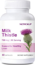 NETICKLP 750mg Milk Thistle Supplement - Organic Milk Thistle Extract for Healthy Liver Herbal Wellness Support Non-GMO Gluten-Free 60 Capsules