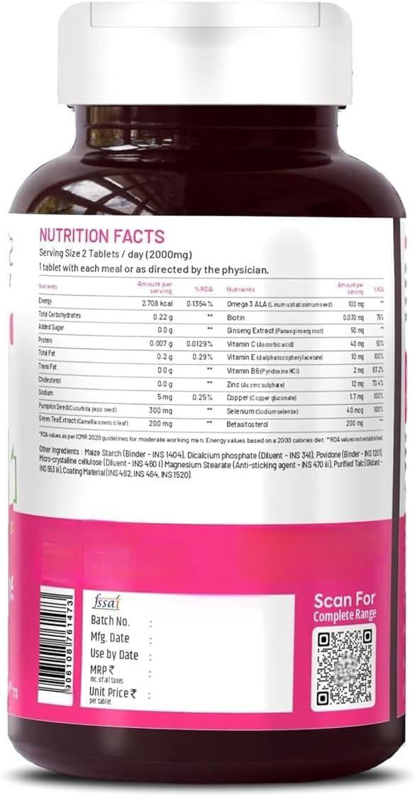BiotinPumpkin SeedGreen TeaOmega 3Vitamin CEB6ZincSeleniumBetasitosterolReduce Hair Fall Stimulate Hair Growth &amp Regrowth Supplement-60 Vegetarian Tablets