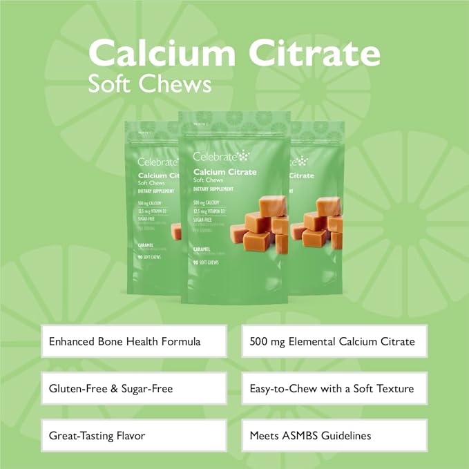 Celebrate Vitamins Bariatric 500mg Calcium Citrate Soft Chews with 500 IU Vitamin D3 – Essential for Gastric Bypass Patients &amp Bone Health - Sugar &amp Gluten Free Caramel (270 Chews)