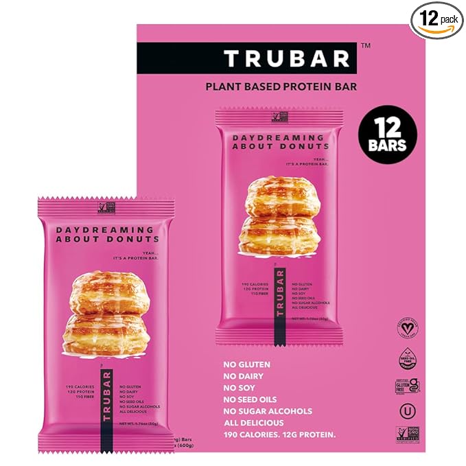 TRUBAR Vegan Protein Bar Daydreaming About Donuts Gluten Free Plant Based High Fiber Dairy Free Non GMO Low Fat No Sugar Alcohols 12G Lean Protein 13G Fiber Healthy Snack Bars 12 CT