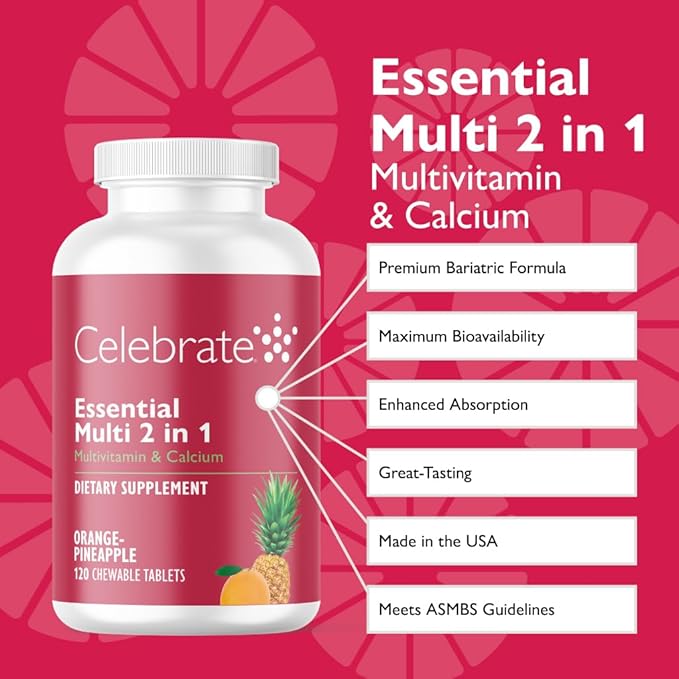 Celebrate Vitamins 2-in-1 Bariatric Multivitamin with Calcium Citrate - Vitamins A D E for Post Bariatric Surgery Gastric Bypass and Sleeve Gastrectomy Patients - Orange Pineapple (120 Chewables)