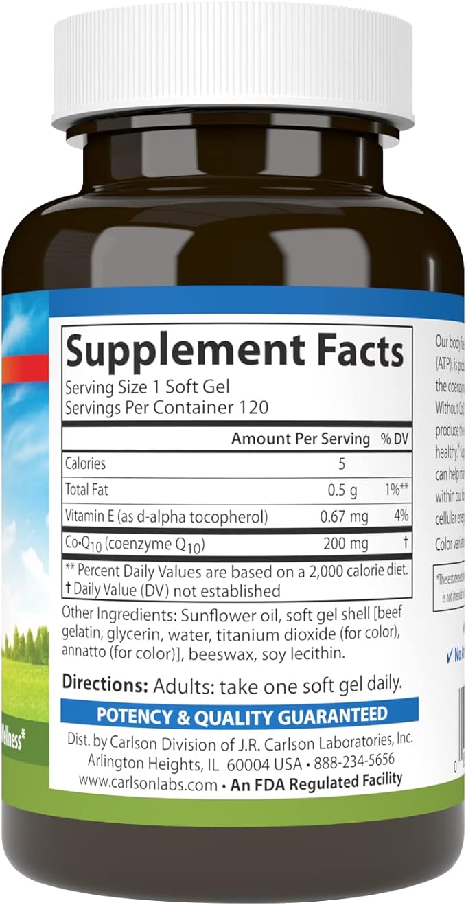 Carlson - Co-Q10 Co-Enzyme Q10 200 mg Energy Production &amp Heart Function 120 Softgels