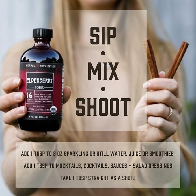 Herbal Revolution Elderberry Tonic - Certified Organic Non-GMO Apple Cider Vinegar Infused with Cinnamon Bark Raw Honey Ginger &amp More - Made Using Regenerative Farming Practices - 8 Oz