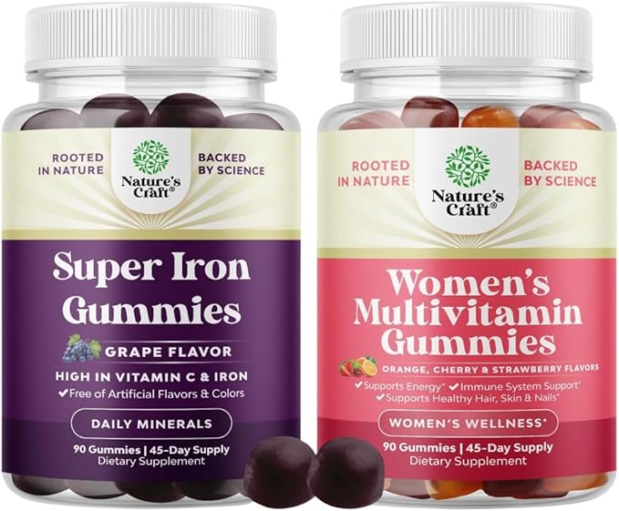 Bundle of Extra Strength Iron Gummies for Women and Men - Potent 45mg per Serving with Vitamin C and Multivitamin for Women Gummies for Adults Energy and Immunity - Women's Health and Wellness