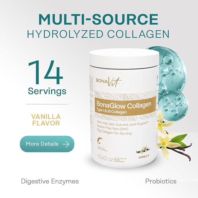 Collagen Peptides - Type I &amp III - Premium Hydrolyzed Collagen Powder - with Digestive Enzymes &amp Probiotics - High Dosis of Collagen &amp Protein - 14 Servings - BonaGlow Vanilla