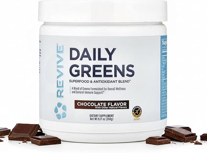 Revive MD Daily Green Powder Superfood (Chocolate) - Supergreens Powder to Support Energy Levels - Green Juice That Improves Fiber Intake - Vegetable Supports Digestion and Gut Health (30 Servings)