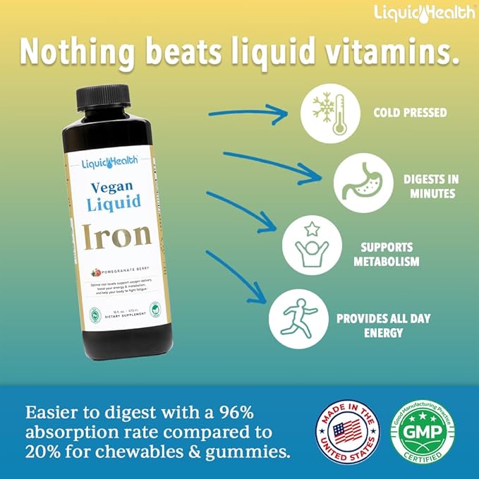 LIQUIDHEALTH Vegan Liquid Iron Supplement with SunActive &amp Ferrochel Fe - Natural Energy Immune System &amp Metabolic Support Increase Mental Clarity Prenatal/Postnatal - USA Made Non-GMO (2