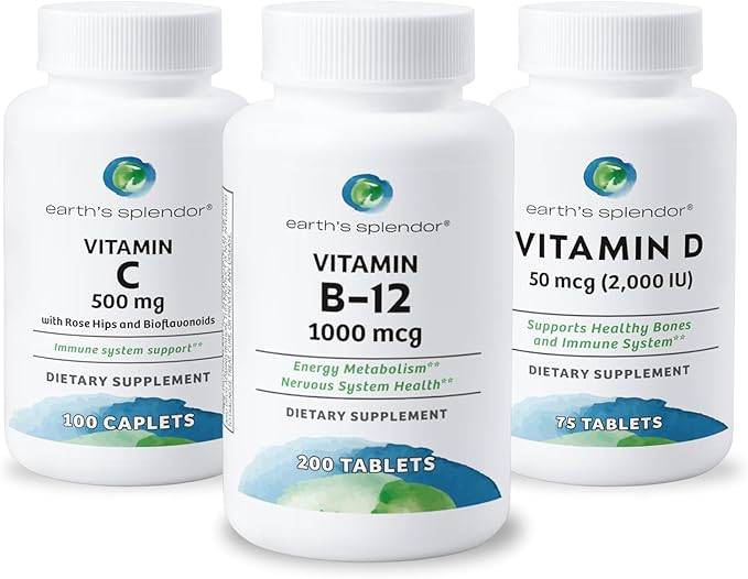 Earth's Splendor Energy &amp Immune Support: Vitamin B12 (1000mcg) Vitamin C with Rose Hips (500mg) and Vitamin D (2000 IU) - No Artificial Colors or Flavors Gluten Free for Men &amp Women