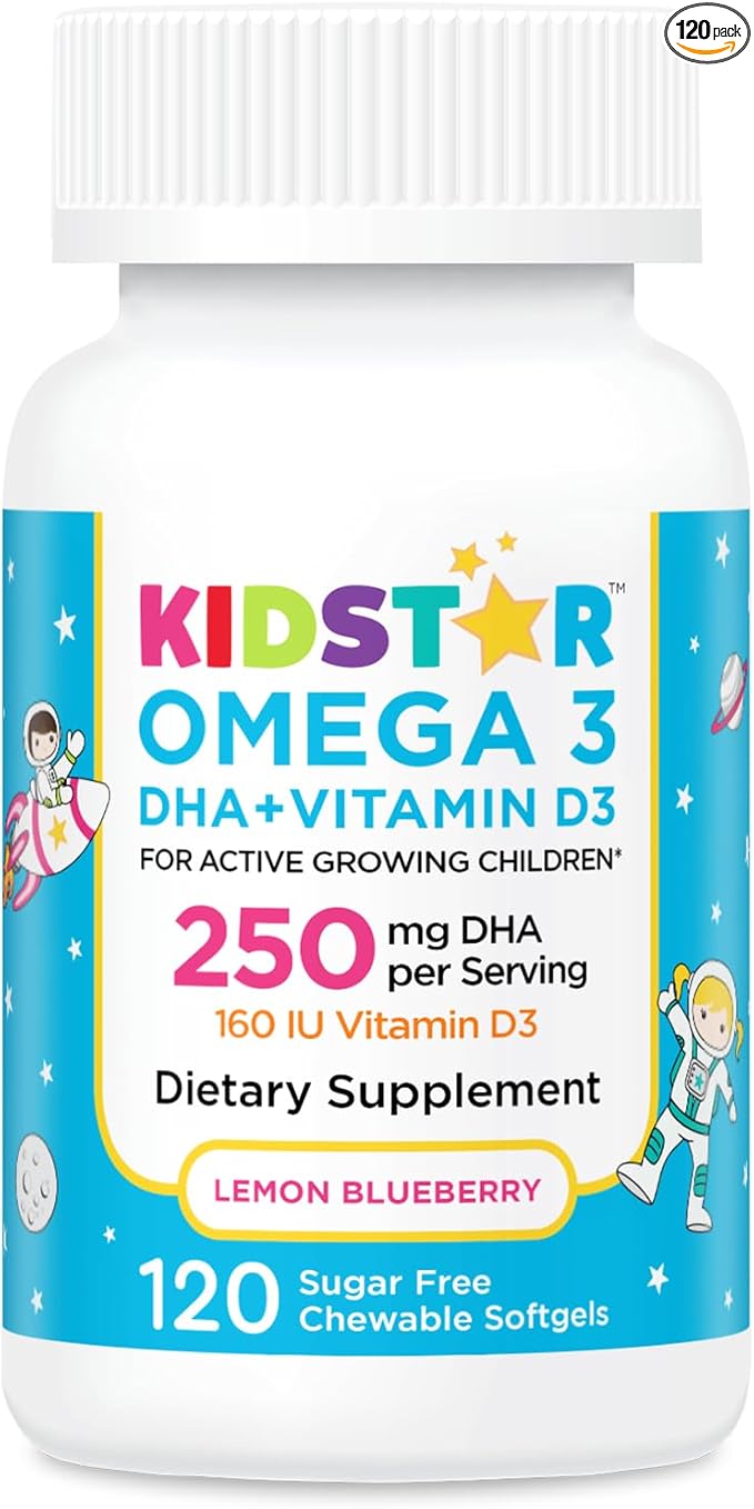 KidStar Nutrients Omega 3 with Vitamin D3 High-DHA Lemon Blueberry 120 Chewable Softgels