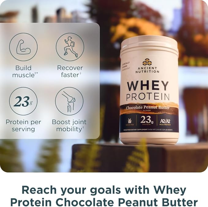 Ancient Nutrition Grass Fed Whey Protein Chocolate Peanut Butter 23g Protein 18 Servings Hydrolyzed Collagen Peptides Organic Regenerative A2/A2 Milk Protein