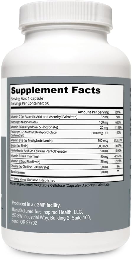 LUMINSPIRED Health Activated Vitamin B Complex with Vitamin C &amp Biotin All Vitamin B Dietary Supplement for Immune Support Metabolism Antioxidant Mood &amp Energy Gluten Free Vegan - 90 Cou
