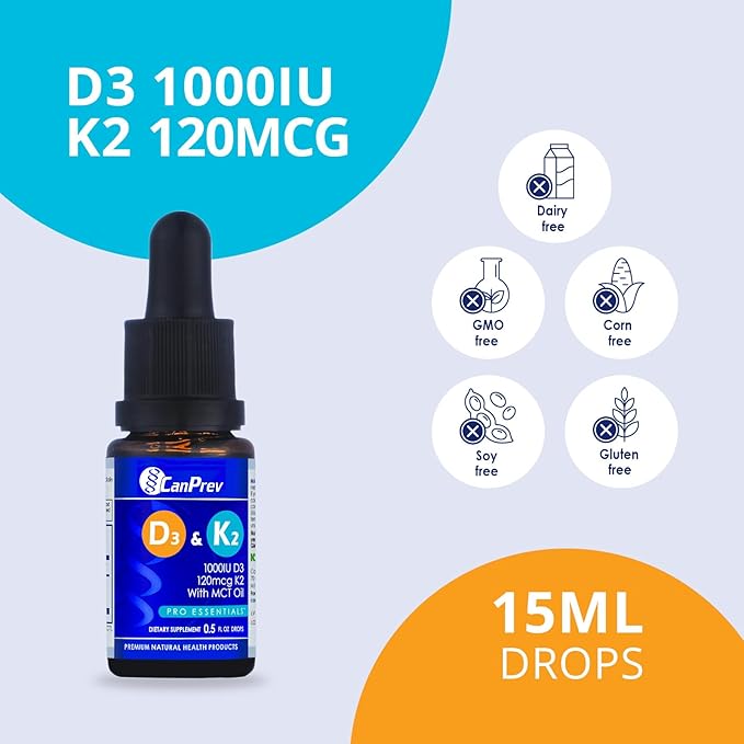 CanPrev D3 &amp K2 Drops - MCT Oil Base 15ml Liquid Vitamin Supplement 450 Drops with 250IU D3 &amp 30mcg MK-7 K2 Supports Strong Bones &amp Teeth Easy-to-Take Formula Free from Gluten Dairy