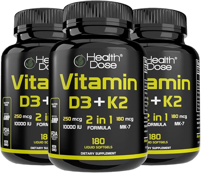 Health Dose Vitamin D3 10000 IU + K2 (MK7) Supplement 2-in-1 Formula Immune Support a Healthy Mood Heart Joint Teeth Bone Health Calcium Absorption 180 softgels. (3)