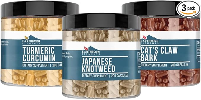 Earthborn Elements Japanese Knotweed Cat's Claw Bark &amp Turmeric Curcumin Capsule Bundle (200 Capsules Each) Pure &amp Undiluted No Additives