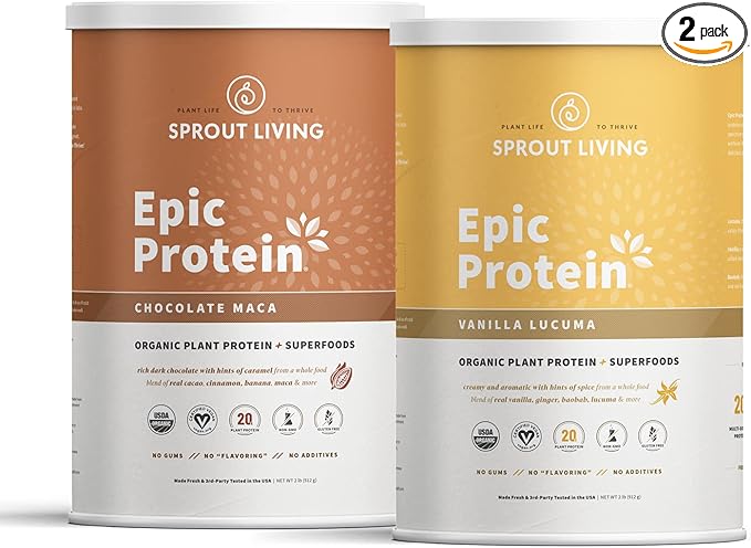 Sprout Living Epic Protein Bundle - Chocolate Maca &amp Vanilla Lucuma (20g Organic Plant-Based Protein Powder Vegan Gluten Free Superfoods) | 2lb 24 Servings