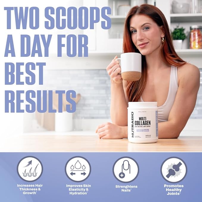 NutraBio Multi Collagen Powder - Hydrolyzed Collagen Peptides for Glowing Hair &amp Skin - Grass-Fed - Collagen Powder for Women and Men - 40 Servings- Unflavored