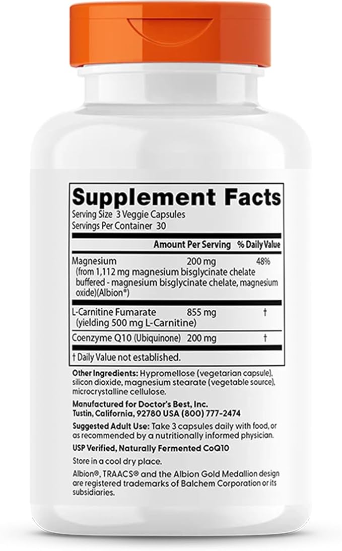 Doctor's Best Coq10/l-Carnitine/Magnesium Unique Blend Supports Energy Muscle Mass &amp Muscle Recovery Veggie Caps 90Count