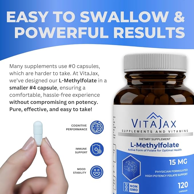 L Methylfolate 15mg | 120 Caps | Value Pack | Max Potency | Active Folate | Gluten Free | Methyl Folate 5-MTHF | No Filler