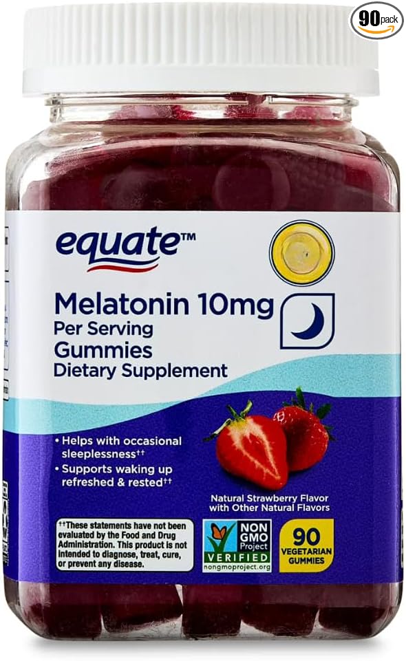 Equate Melatonin 10 mg Gummies Fast-Dissolve Vegetarian Strawberry Flavor Adult Sleep Support 90 Count Sticker