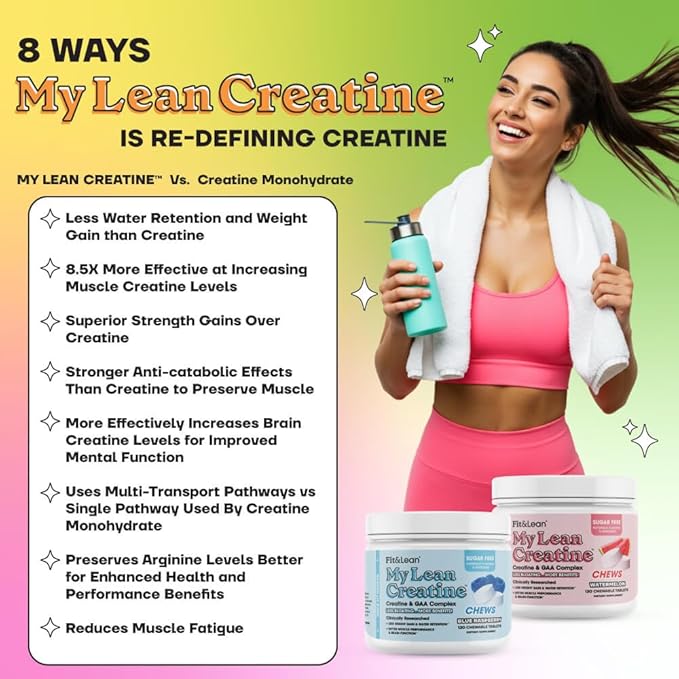 Fit &amp Lean Creatine for Women My Lean Creatine Chewable Tablets Creatine Monohydrate with GAA Muscle Performance Cognitive Function No Bloating Reduced Water Retention Blue Raspberry 30 Se