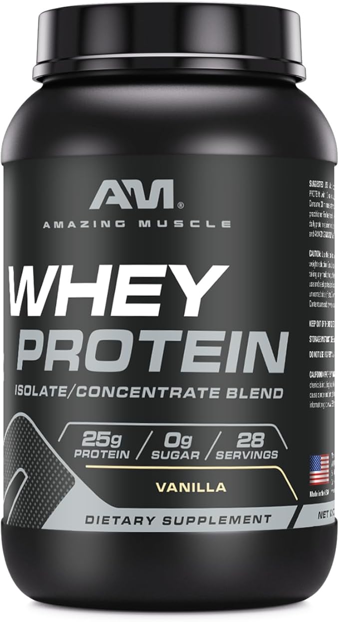 Amazing Muscle 100% Whey Protein Powder *Advanced Formula with Whey Protein Isolate as a Primary Ingredient Along with Ultra Filtered Whey Protein Concentrate (Vanilla 2 lb)