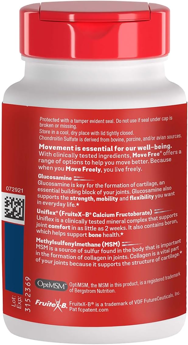 Move Free Advanced Plus MSM Coated Tablets Joint Health Supplement with Glucosamine and Chondroitin 120 Count Pack of 2