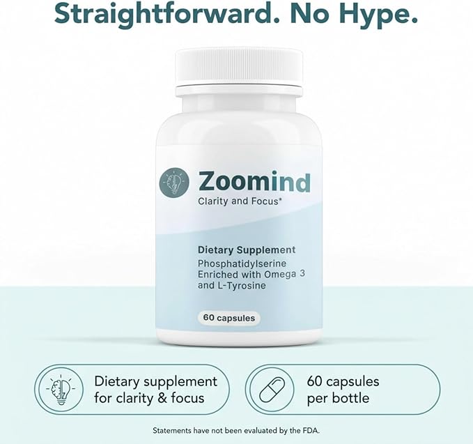 Zoomind Brain Supplements for Focus and Clarity Brain Health with Omega-3 Phosphatidylserine (PS) and L-Tyrosine. Supports Healthy Brain Function 60 Capsules