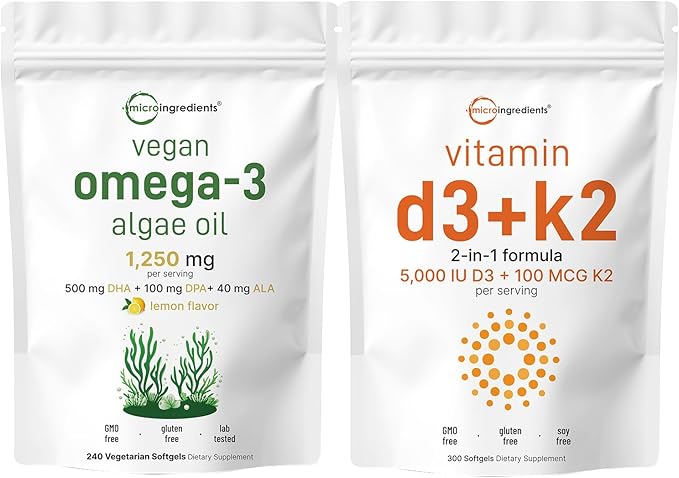 Micro Ingredients Vitamin D3 5000iu + K2 100mcg Softgels &amp Vegan Omega 3 Algae Oil Supplement Bundle 2 Pack | Essential Sunshine Vitamins | Omega-3 Full Spectrum Alternative to Fish Oil