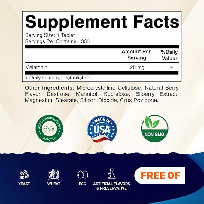 Vitamatic Melatonin 20 mg Tablets | Vegetarian Non-GMO Gluten Free | 1 Year Supply | Natural Berry Flavor - 365 Tablets - 2 Pack