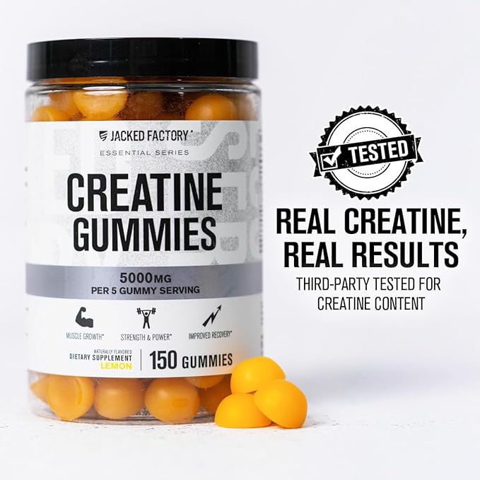 Jacked Factory Creatine Gummies 5g Daily Dose (1g per Gummy) - Creatine Gummy for Men and Women Vegan-Friendly Travel-Friendly Third-Party Tested - 150 Gummies Lemon