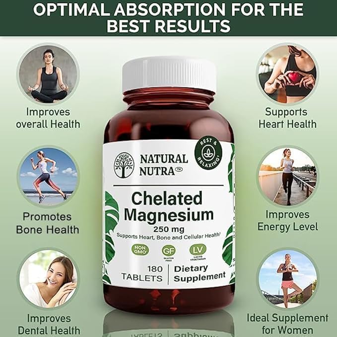 Natural Nutra Chelated Magnesium Oxide 250 mg - High Absorption for Strong Bones Heart Health Dental Health Energy Boost Gluten-Free Non-GMO 180 Tablets in BPA-Free Recyclable Glass Bottles
