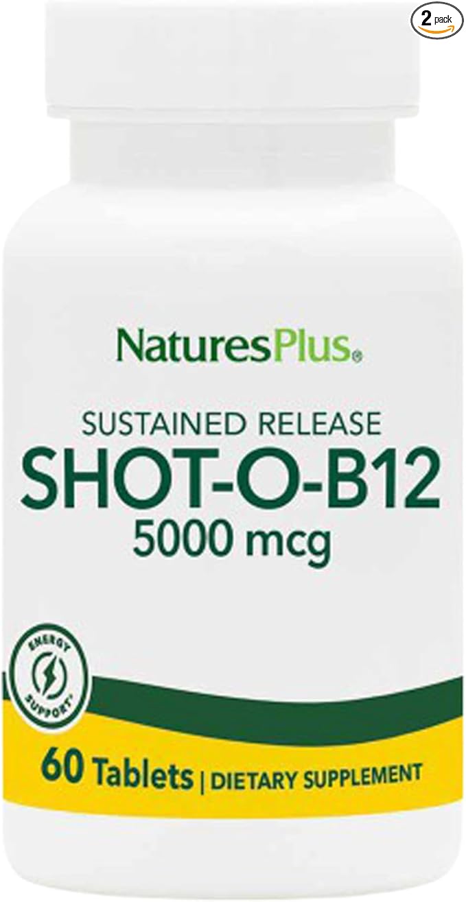 NaturesPlus Shot-O-B12 5000 mcg - 60 Sustained Release Tablets Pack of 2 - Supports Energy Production &amp Mood - Vegetarian Gluten Free - 120 Total Servings
