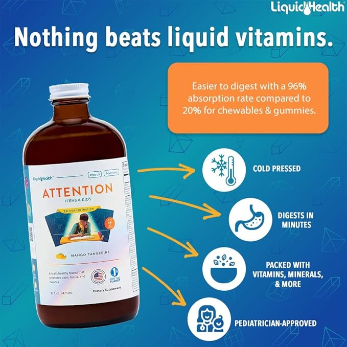 LIQUIDHEALTH Mega Energy B-Complex &amp Attention Teens &amp Kids Liquid Vitamin Bundle for Children - Improve Focus &amp Concentration Boost Mood Increase Natural Energy Levels - Vegan Non-GMO