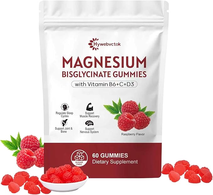 Hywebvctok 400mg Magnesium Bisglycinate Gummies with Vitamin B6 C D3 Promotes Muscle &amp Nerve Function Relaxation &amp Wellness Raspberry Flavor 60 Count